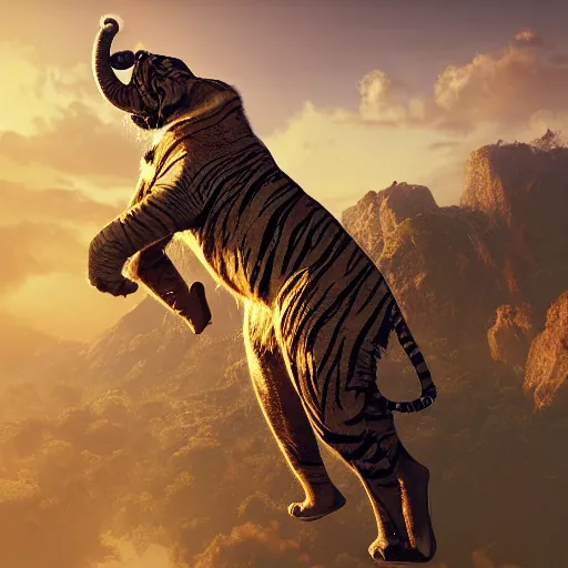 Image similar to tiger elephant leaping through the sky, winged, epic composition, hyper detailed, digital art, trending in artstation, cinematic lighting, studio quality, unreal engine 5 rendered, art style by klimt and nixeu and ian sprigger and wlop and krenz cushart