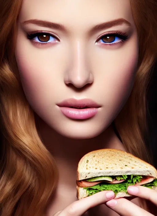 Image similar to a gorgeous female photo, professionally retouched, soft lighting, holding a subway sandwich, realistic, smooth face, perfect eyes, wide angle, sharp focus on eyes, 8 k high definition, insanely detailed, intricate, elegant, art by artgerm and wlop