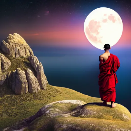 Prompt: high definition render of a monk on top of a mountain, full moon, milky way, galaxy, buddhism, 8 k, symbolic, global illumination, raytracing