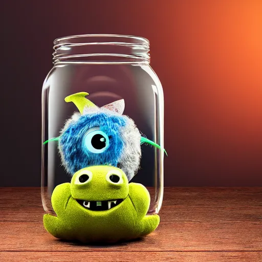 Image similar to Evil monster in a jar, product photography, centered, studio lightning