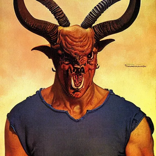 Prompt: upper body portrait a demon with the horns of a ram, by norman rockwell and boris vallejo