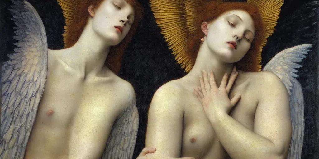Image similar to a detailed painting of a beautiful archangel, beautiful face and body, halo of sacred light, magical mood, muted tones, by fernand khnopff, jean delville, caravaggio, epic composition, exquisite details, dark mood,
