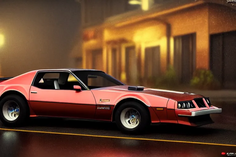 Image similar to hyperdetailed, photorealistic photograph of a 1 9 8 2 pontiac firebird trans - am drifting in the streets, rain, night, dense fog, hd, unreal engine 5 by greg rutowski, by stanley artgerm, by alphonse mucha