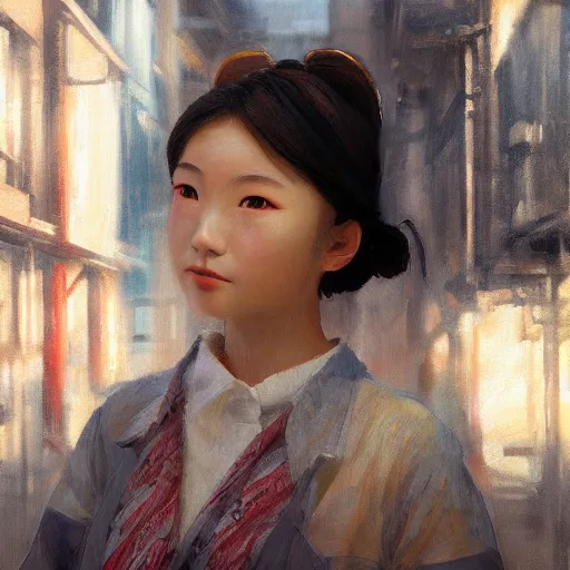 Image similar to a perfect, realistic professional oil painting in impressionism style, of a Japanese schoolgirl posing in a dystopian alleyway, close-up, by a professional American senior artist on ArtStation, a high-quality hollywood-style concept