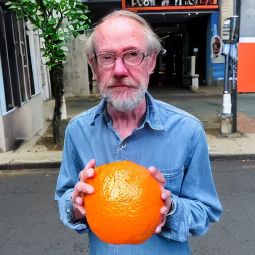 Prompt: photograph of hugh hopper on a street corner eating an orange holding a pepsi