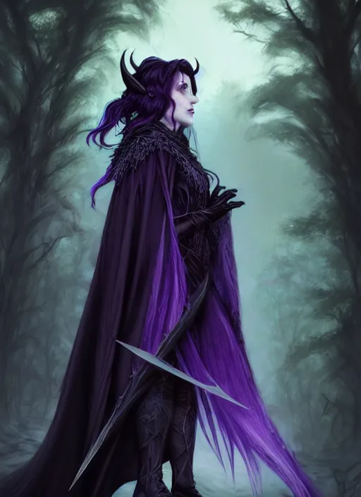 Prompt: side portrait Melanie Strohmaier as dark witch, adventurer outfit large cloak, fantasy forest landscape, dragon scales, fantasy magic, undercut hairstyle, short purple black fade hair, dark light night, intricate, elegant, sharp focus, illustration, highly detailed, digital painting, concept art, matte, art by WLOP and Artgerm and Greg Rutkowski and Alphonse Mucha, masterpiece