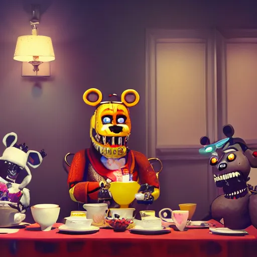 Image similar to a five nights at freddy's animatronic having an intense tea party with the queen of england, octane render / source, oil painting, trending on artstation, rossdraws