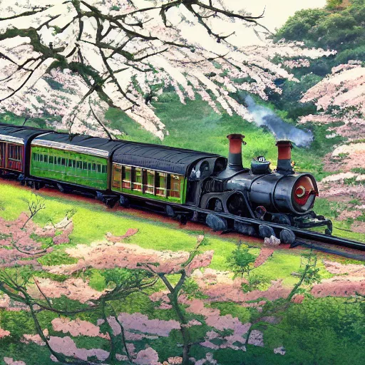 Prompt: concept art painting of a historic transverse view of a steam train, the train carries a cherry tree in flower, realistic, detailed, cel shaded, in the style of makoto shinkai and greg rutkowski and james gurney