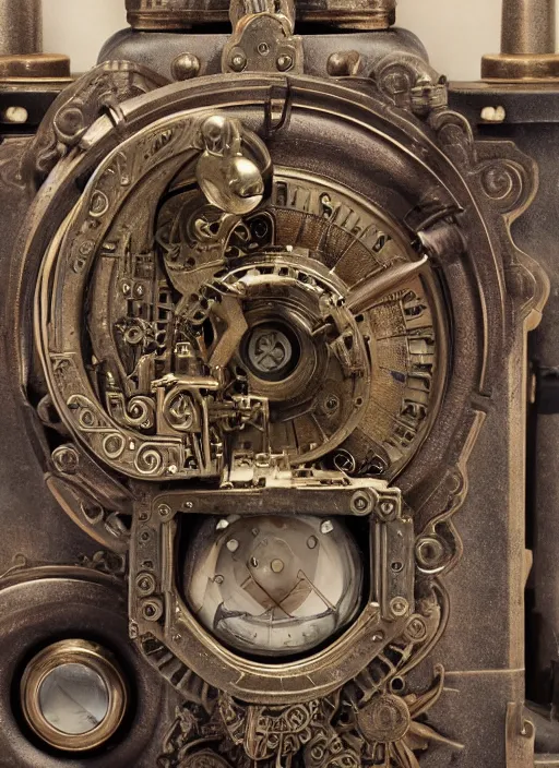 Image similar to old photo of a steampunk television intricate detailed 8k ultra realistic