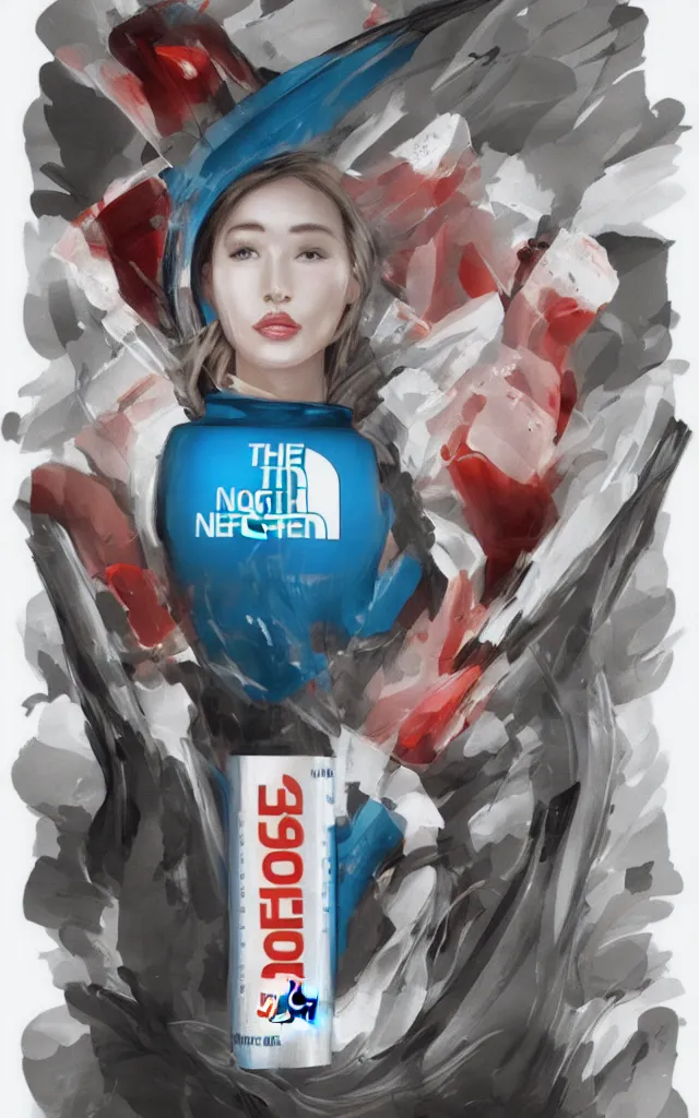 Prompt: the north face dietary supplement bottle, concept art, matte, sharp focus, illustration, art by aenaluck, artgerm