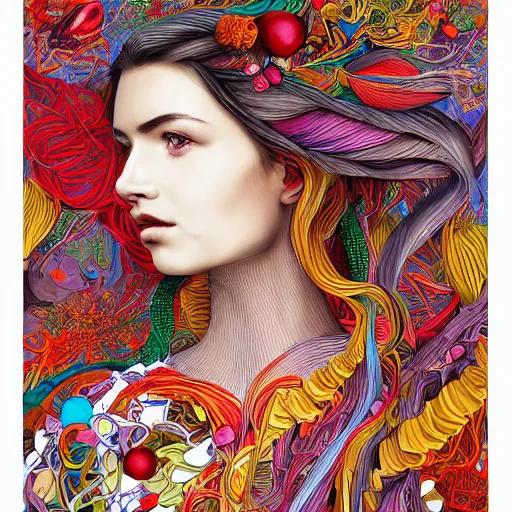 Image similar to the portrait of a beautiful and elegant young woman made up of peppers, an ultrafine detailed illustration by james jean, intricate linework, bright colors, final fantasy, behance contest winner, vanitas, angular, altermodern, unreal engine 5 highly rendered, global illumination, radiant light, detailed and intricate environment