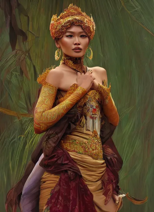 Image similar to portrait of an indonesian supermodels wearing traditional costume, highly detailed, digital painting, artstation, concept art, sharp focus, illustration, art by kittichai rueangchaichan and james gurney and alphonse mucha