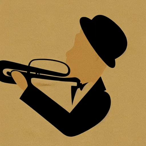 Image similar to modern vector graphic of a singular seated jazz musician with a bowler hat playing a sizzling trumpet solo, 8 colors