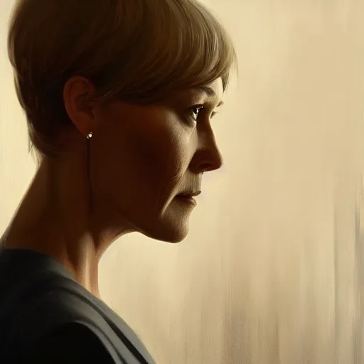 Image similar to painting of claire underwood in house of cards tv show, in the style of fenghua zhong and ruan jia and jeremy lipking and peter mohrbacher, mystical colors, rim light, beautiful lighting, 8 k, stunning scene, raytracing, octane, trending on artstation