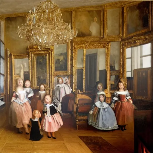 Image similar to super quality family portrait in the main room of the castle painted in 1 6 5 6, dark room, one point of light coming through the window inspired by las meninas, clear spaces between each subject and good detail and realistic eyes, faces for each person in the canva, inspired by diego velasquez baroque style