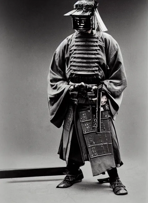 Prompt: old photo of a cyberpunk samurai inspecting his sword