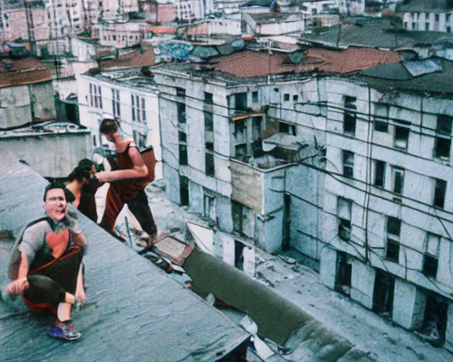 Image similar to lomo photo of roofjumpers climbing on roof of soviet hrushevka, small town, cinestill, bokeh, out of focus