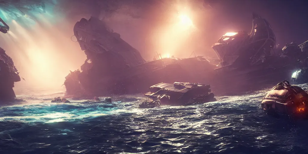 Image similar to underwater enviroment with a crashed alien ship in the background , unreal 5, hyperrealistic, realistic, photorealistic, dynamic lighting, highly detailed, cinematic landscape, studio landscape, studio lighting