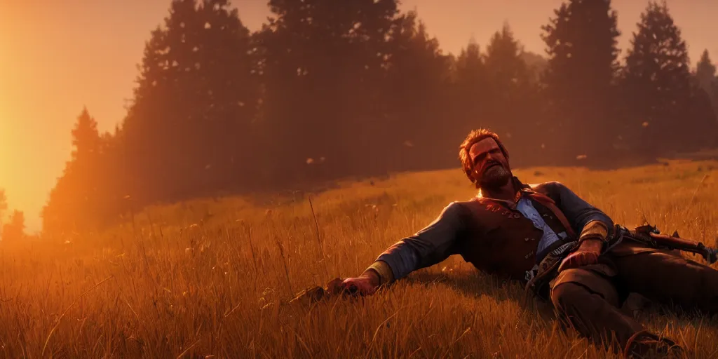 Prompt: Arthur Morgan lays on the ground dying of tuberculosis and watches the rising sun, cgsociety, artstation, cinematic