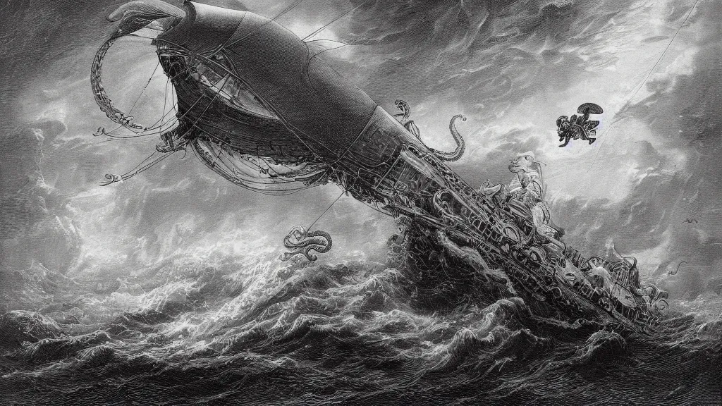 Prompt: drawing of an octopus attacking an airship above a stormy ocean, by gustave dore, nineteenth century, black and white, vintage, science fiction, epic composition, dramatic lighting, highly detailed