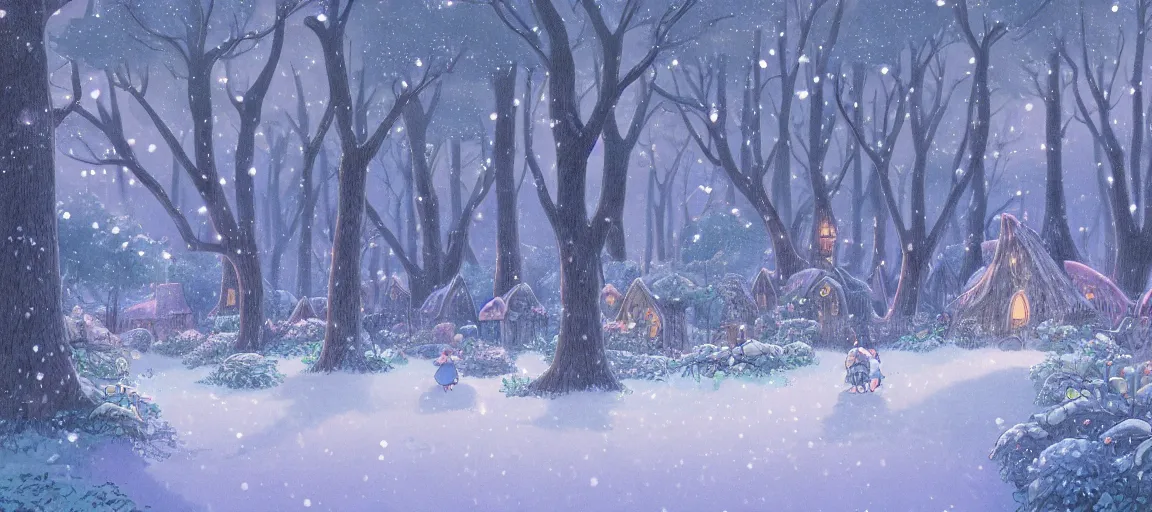 Prompt: Beautiful detailed high quality illustration of an enchanted magical village, beautiful forest on background::early morning mood, glowing snow::art by Ghibli Studio, trending on artstation