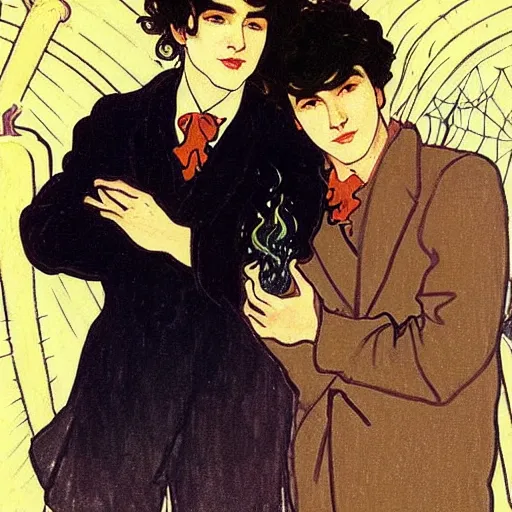 Image similar to painting of young cute handsome beautiful dark medium wavy hair man in his 2 0 s named shadow taehyung and cute handsome beautiful min - jun together at the halloween! party, bubbling cauldron!, candles!, smoke, autumn! colors, elegant, wearing suits!, clothes!, delicate facial features, art by alphonse mucha, vincent van gogh, egon schiele