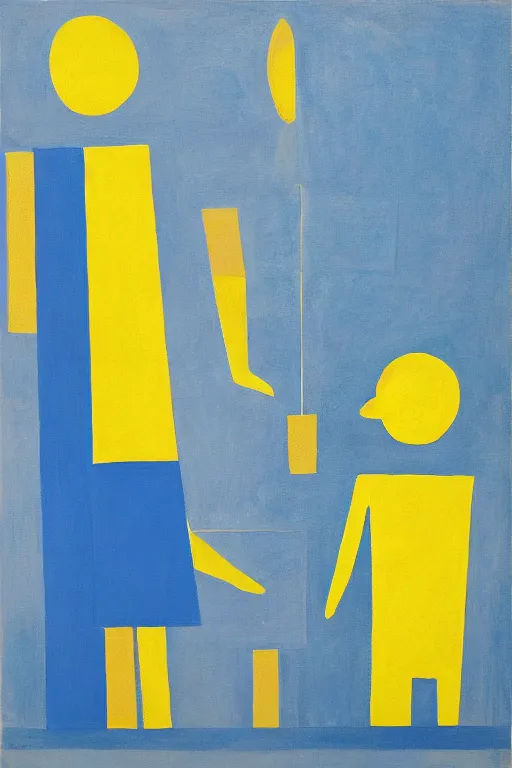 Image similar to neo cubistic painting of two tall figures, sandy yellow and some light blue, muted colors