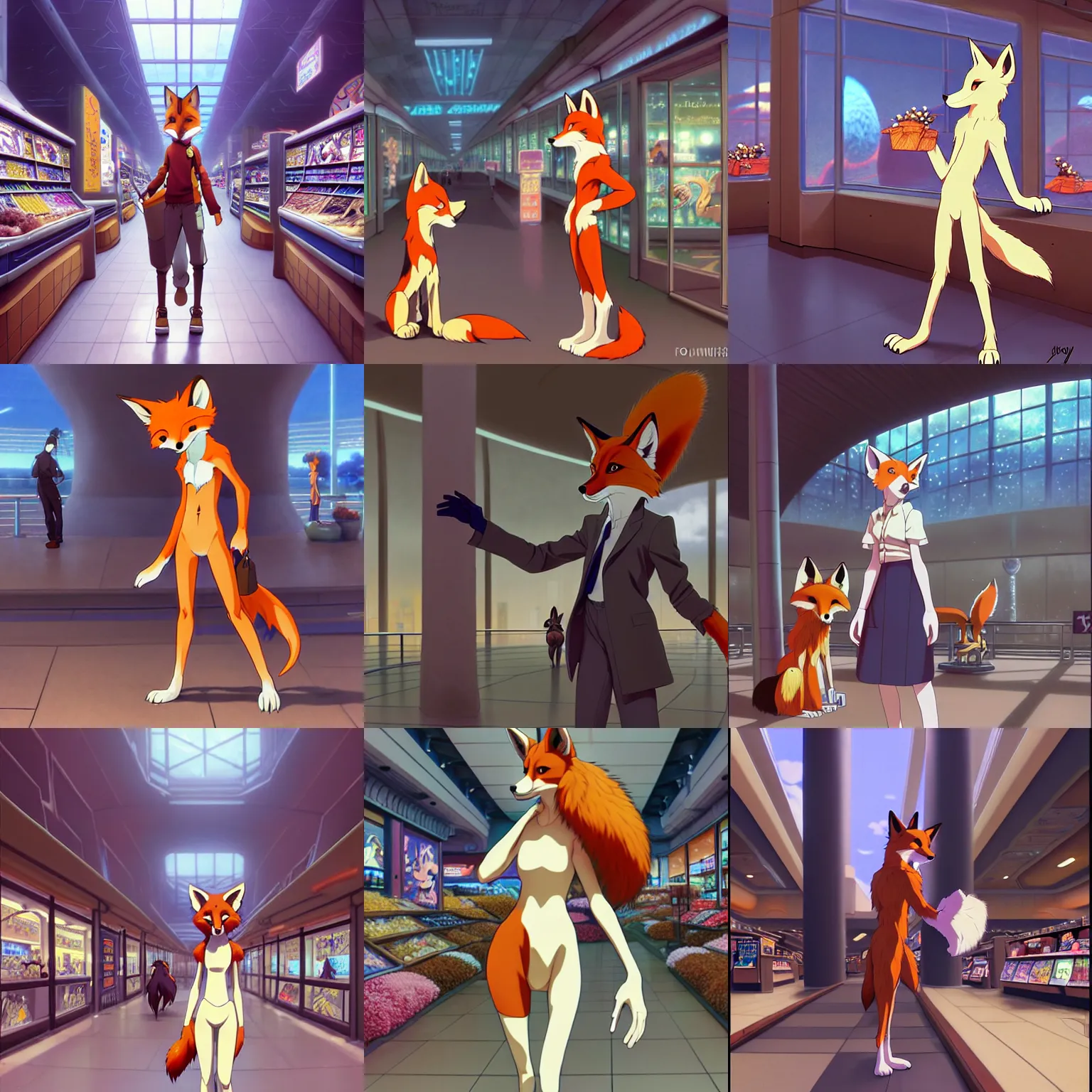 Prompt: anthro art commission of an anthropomorphic natural furry ( ( ( fox ) ) ) person shopping at a futuristic mall, photorealistic, detailed key anime art, makoto shinkai, james gurney, don bluth!!, disney!!, hibbary!!, dark natasha, goldenwolf, furaffinity, fursona, greg rutkowski