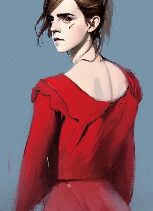 Image similar to a digital painting of a Emma Watson a red dress, by netter, style from greg rutkowski, beautiful eyes, full frame, oil painting, featured on artstation, concept art, smooth, sharp focus, illustration, very detailed, ambient lighting, unreal engine render, concept art by Atey Ghailan, by Loish, by Bryan Lee O'Malley