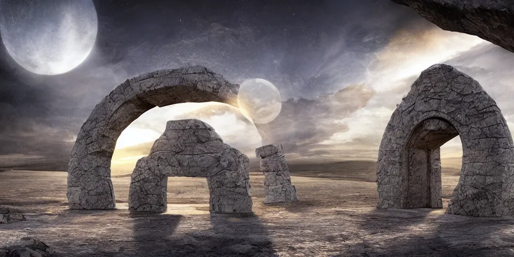 Image similar to stargate made of stone that form a circle, cinematic view, epic sky + highly detailed