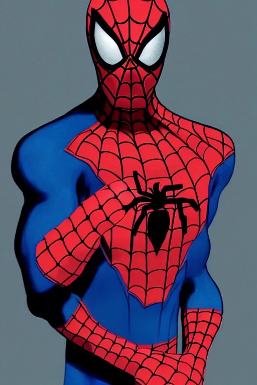 Image similar to Glenn Quagmire as Spider Man, Spider Man costume unmasked, Glenn Quagmire hairstyle, Glenn Quagmire body type, Glenn Quagmire Face, calm, grumpy, portrait, masculine figure, highly detailed, digital painting, artstation, concept art, smooth, sharp focus, illustration, cinematic lighting, art by artgerm and greg rutkowski and alphonse mucha