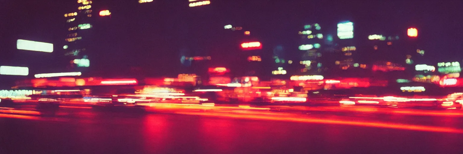 Prompt: 8 0 s neon movie still, portrait of high speed blurred traffic by the river with city in background, medium format color photography, movie directed by kar wai wong, hyperrealistic, photorealistic, high definition, highly detailed, tehnicolor, anamorphic lens