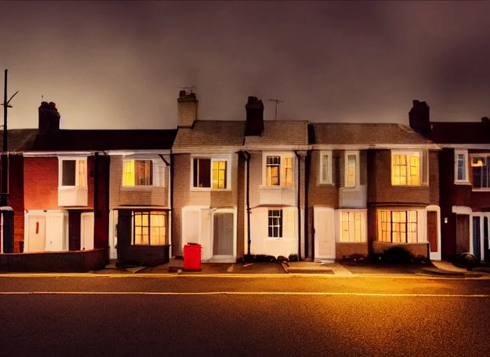 Image similar to small suburban houses in London at night inspired by Edward Hopper, Photographic stills, photography, fantasy, moody lighting, dark mood, imagination, cinematic