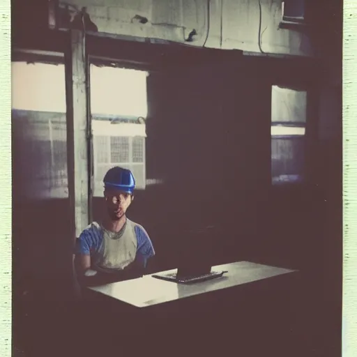 Image similar to a polaroid photo of man using a laptop inside in warehouse, he sitting on chair and small table, he's wearing blue cloth and construction hat, photo from behind, highly details, perfect face shape, cinematic lighting,