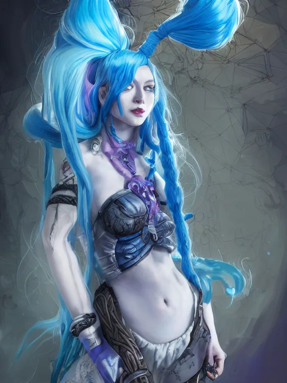 Image similar to a League of Legends FAN ART of JINX , blue hair, long pigtail, crazy,neuroticism,intricate, elegant, highly detailed, digital painting, concept art, smooth, sharp focus, illustration, by travis charesyt, michael kaluta, michael whelan and bill sienkiewicz, dark sci-fantasy,,artstation,deviantart,Unreal Engine,face enhance,8K,golden ratio,cinematic lighting