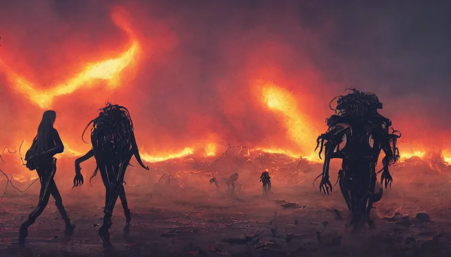 Prompt: woman with black hair and leather jacket walking away from explosion, lovecraftian hellscape, golden tenticles, soldiers and mech fight, simon stalenhag, 4 k, ultra detailed, explosions and smoke