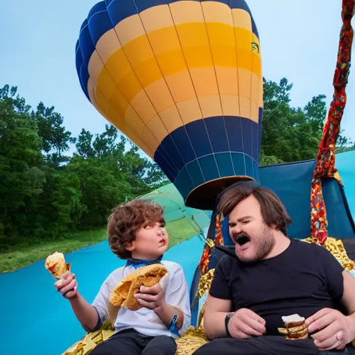 Image similar to jack black eating ice cream while riding in a hot air balloon with prince the musician, tv still, 8 k