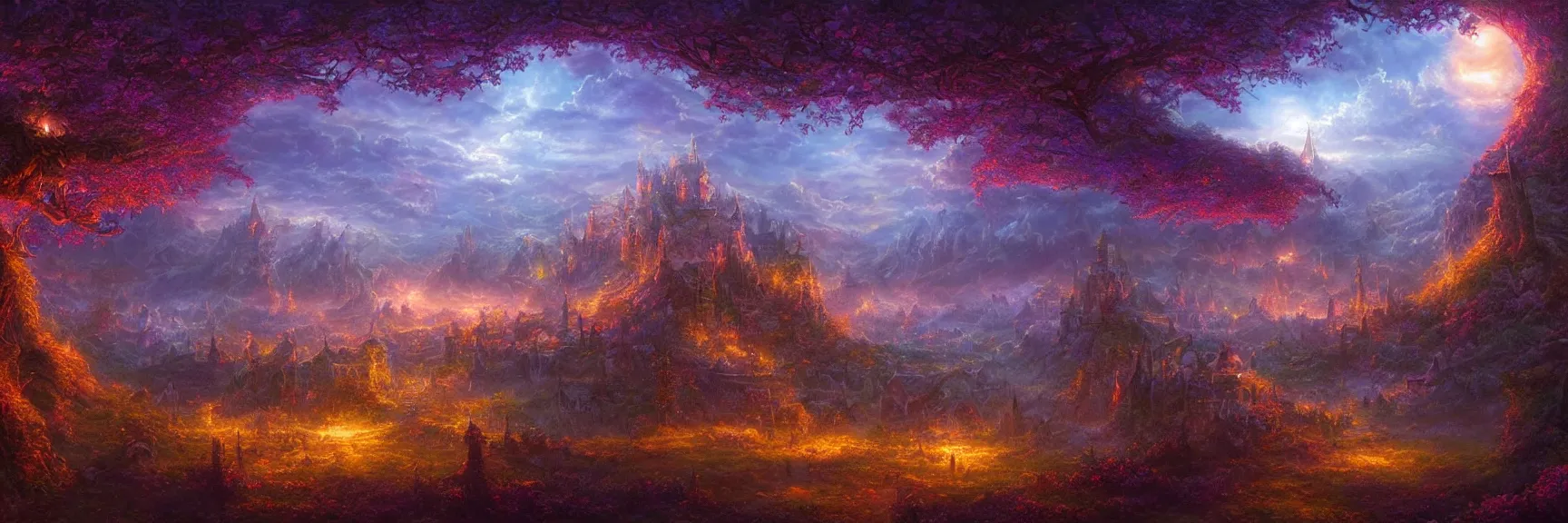 Image similar to a beautiful fantasy enchanted night landscape painting of a magical panorama visionary art by gilbert williams and john avon and marc simonetti and Mark Keathley, trending on artstation hq 8k