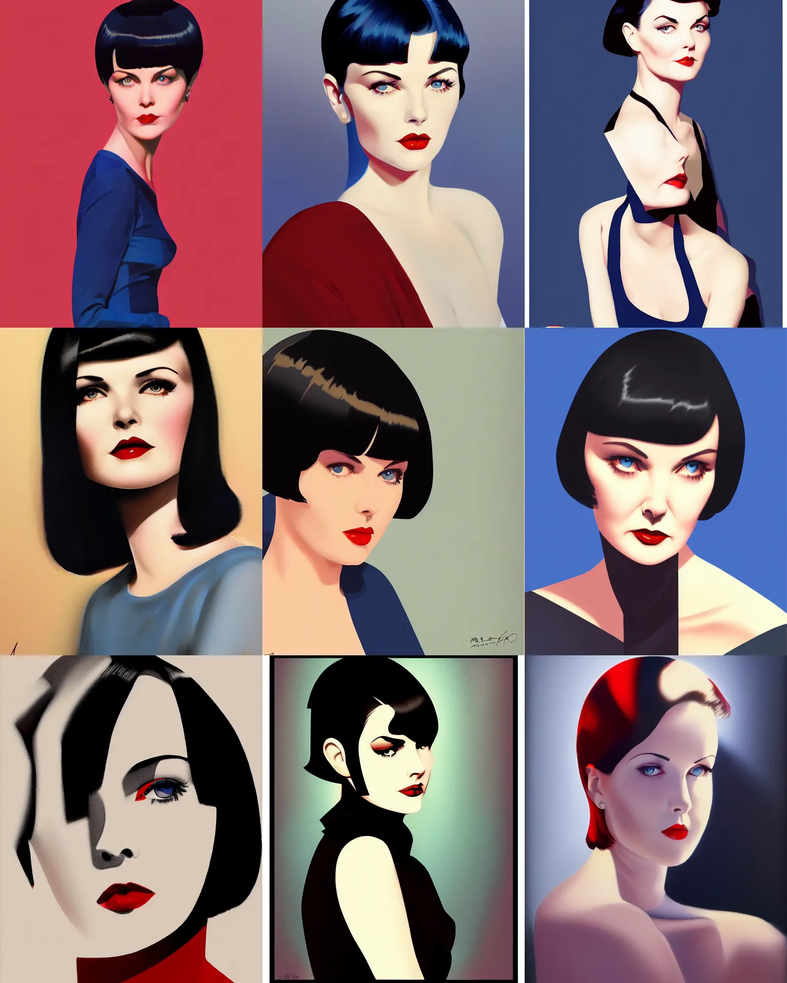 Prompt: sherilyn fenn 2 6 years old, mary louise brooks, bob haircut, portrait by stanley artgerm, dramatic lighting, ilya kuvshinov, trending on artstation, flat colour, geometric curves, gradient filter, red and blue back light