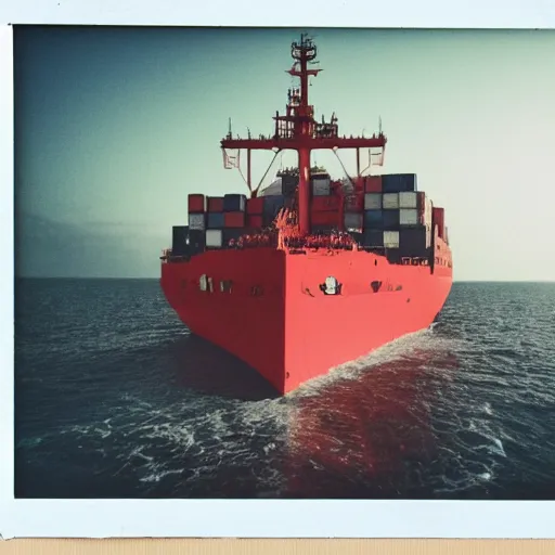 Image similar to !dream cargo ship hijacked by somalian pirates, foreshortening photography, worms eye view photography, grainy photo, cinematic, cinematography, polaroid