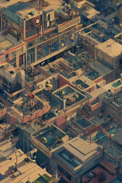 Prompt: top view of crowded with mechanics facility, working on mickey mouse head, greg rutkowski, beeple, gilleard, alphonse mucha cgsociety, unreal engine, octane render, highly detailed 4 k art, smooth, sharp focus, cinematic lighting, volumetric lighting, artstation,