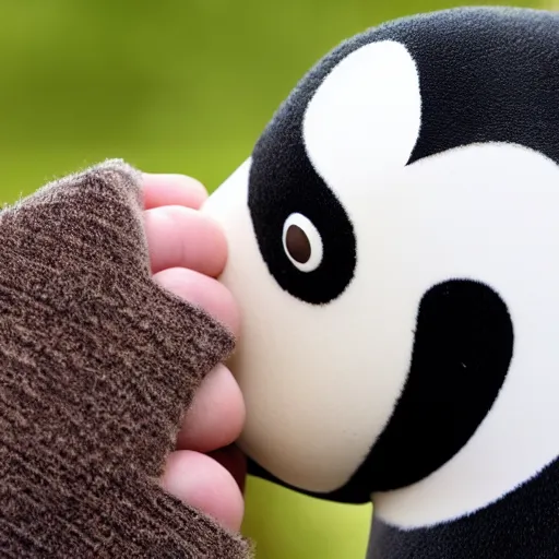 Prompt: pinching hand emoji in front of a sad penguin, the penguin is crying, high resolution photo