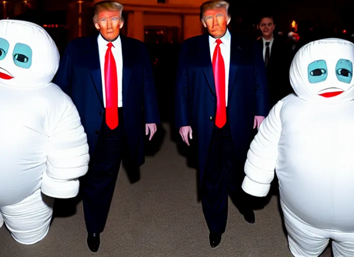 Image similar to donald trump dressed as the michelin man, flash photograph,