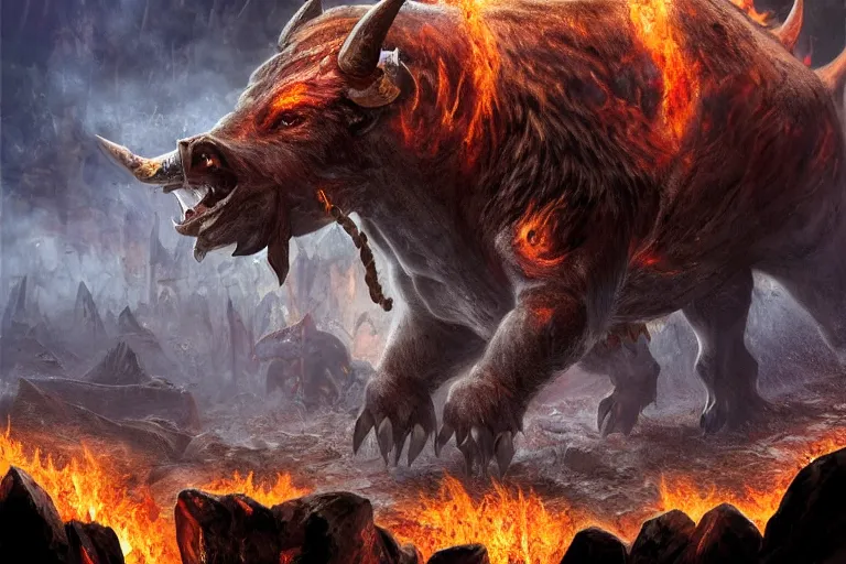 Prompt: immense, colossal demon boar. brutal. with bulging muscles. wearing a silver mesh necklace filled with amber. rampaging across the burning ruins of an ancient city.