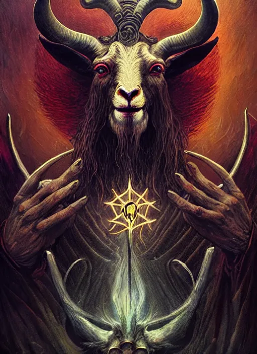 Image similar to elden ring themed orthodox baphomet goat icon tarot card portrait, piercing gaze, byzantine aesthetic, doom, religious, sinister, ornate, intricate, beautifully backlit, subtle tones, digital painting, concept art, smooth, sharp focus, illustration, art by josan gonzalez, greg rutkowski, killian eng and zdizslaw beksinski