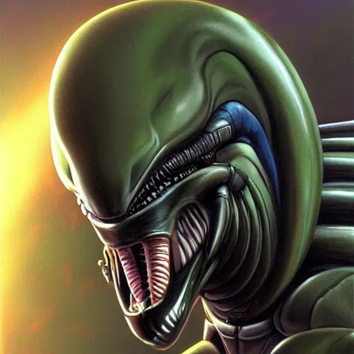 Image similar to a portrait of a xenomorph by jim burns