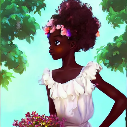 Image similar to little african girl with flowers in hair wearing an white dress. art by ilya kuvshinov, profile picture, inspired in hirohiko araki, realistic, highly detailed, 8 0 s anime art style, vogue cover