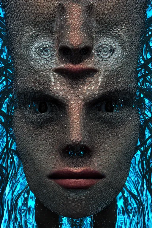 Image similar to very dark underwater portrait of a Mayan face, with (reaction diffusion) scaled fish skin. face closeup. long intricate dark hair, with Bioluminescent jellyfish. very high detail, illustration, trending on artstation