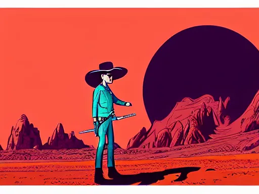 Image similar to a detailed illustration photorealistic of the Lone Ranger in the wild west town. flat colors, limited palette in FANTASTIC PLANET La planète sauvage animation by René Laloux