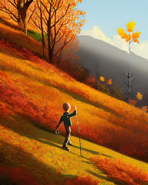 Image similar to autumn hillside boy hiking illustration detailed, by quentin mabille